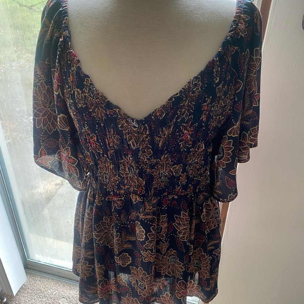 Angie Black Floral V-Neck Smocked Tunic